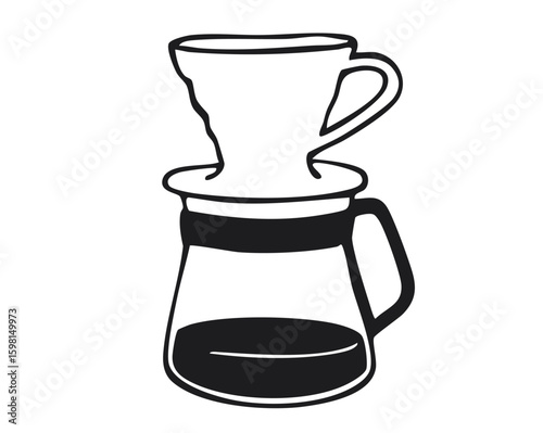 Pour-over coffee maker with ceramic dripper and glass server. Black and white vector illustration isolated on white background. Coffee brewing and barista equipment concept for design and print
