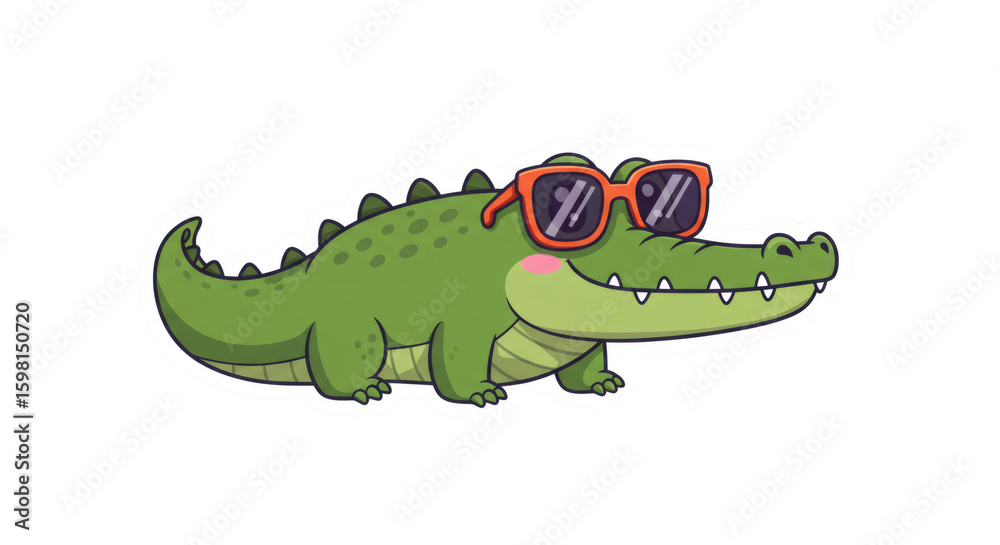 Obraz premium Cute Green Crocodile Wearing Orange Sunglasses Pixel Art Illustration