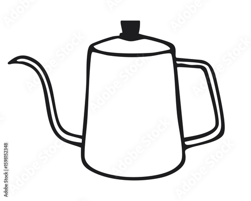 Gooseneck kettle with long curved spout and handle. Black and white vector illustration isolated on white background. Coffee brewing and barista tool concept for design and print