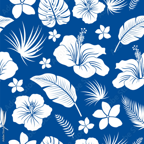 Seamless pattern with hibiscus flowers and palm leaves Vector illustration.