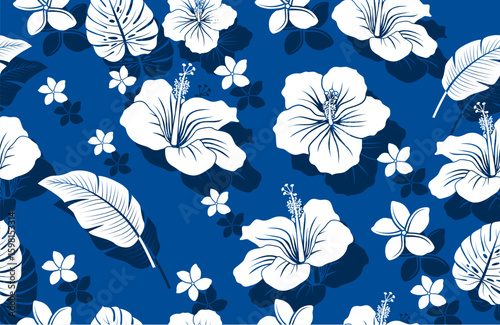 Seamless pattern with hibiscus flowers and leaves. Vector illustration.