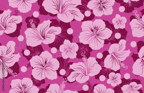 Seamless pattern with pink hibiscus flowers. Vector illustration.