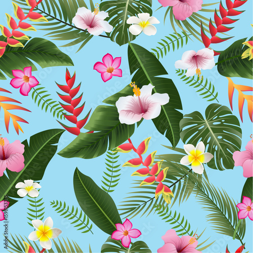 Seamless pattern with tropical flowers and leaves. Vector illustration.
