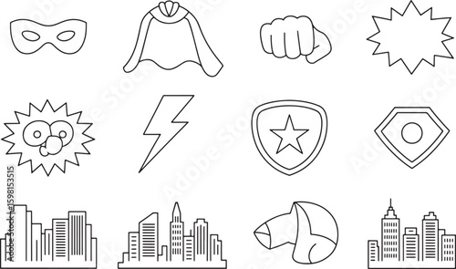 Superhero Icon Set Vector Illustration Comic Hero Elements Mask Cape Fist Shield Lightning