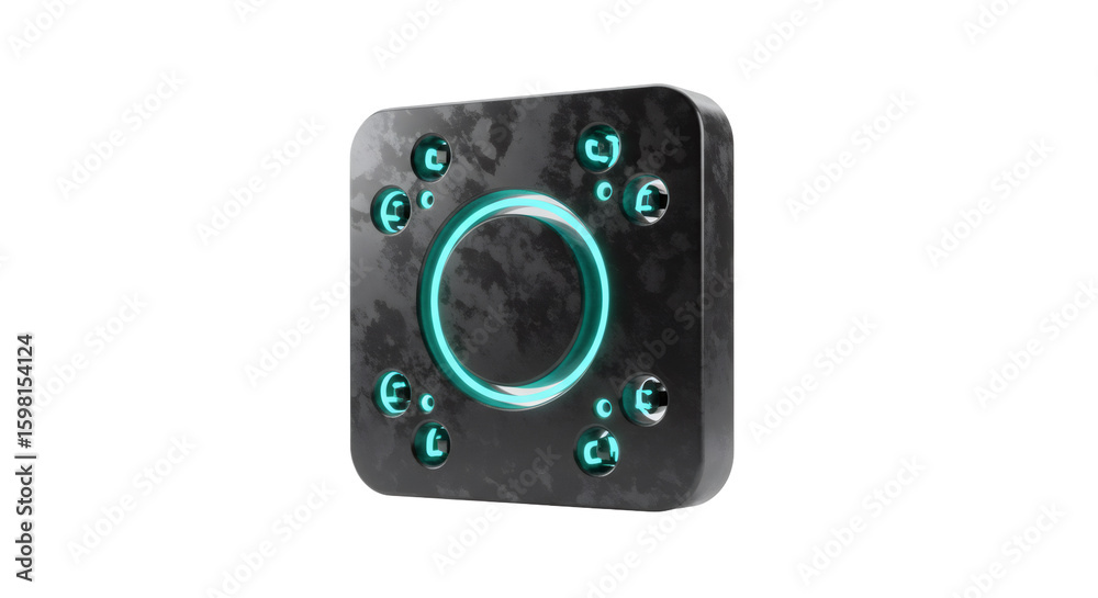 Fototapeta premium Dark Metal Square Gadget with Glowing Teal Circle