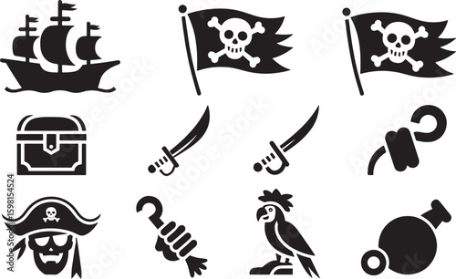 Pirate Adventure Icons Set Black Silhouette on Transparent Background Buccaneer Treasure Hunt