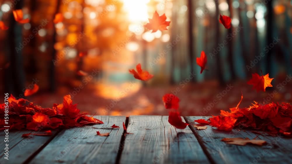 Falling autumn maple leaves over rustic wooden surface with blurred forest background, warm golden hour lighting, loopable seasonal background for fall and Thanksgiving use