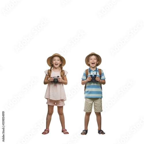Isolated Photo: Two Young Travelers With Camera and Binoculars