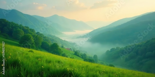 Misty morning, vibrant green valley, blurred background , dreamy, peaceful, tone