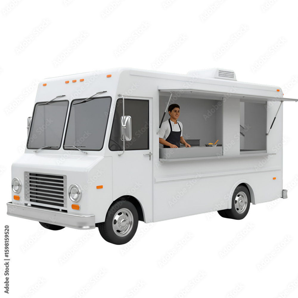 Naklejka premium 3D Illustration of Food Truck with Chef in Restaurant