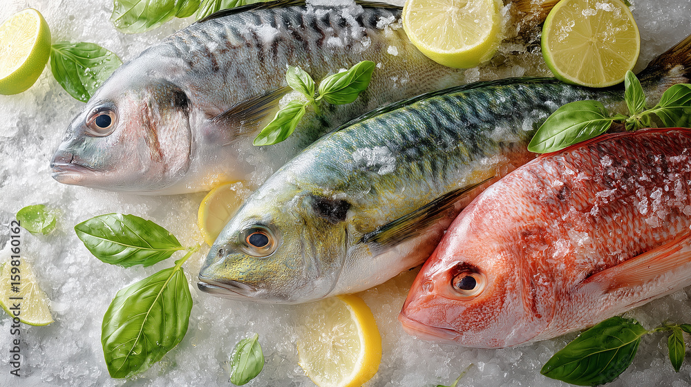 Fresh ocean fish selection with mackerel snapper arranged on ice garnished with basil citrus slices in bright natural light Fresh ocean fish selection with mackerel snapper arranged on ice garnished with basil citrus slices in bright natural light