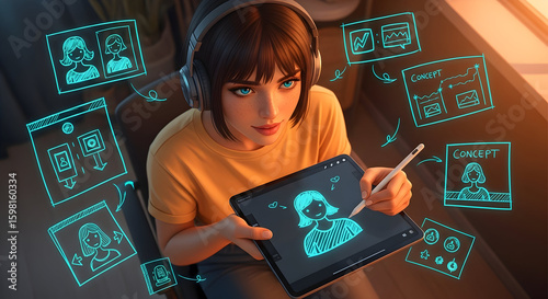 Creative Woman Design Sketches On Tablet For Digital Project Design Software