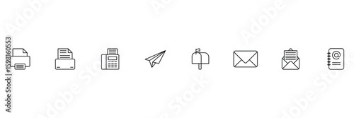 Digital and analog postal communication symbols for office correspondence business support tools email printer fax vector icon illustration set.