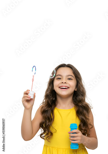 Isolated Photo: Girl Blowing Bubbles on Transparent Background