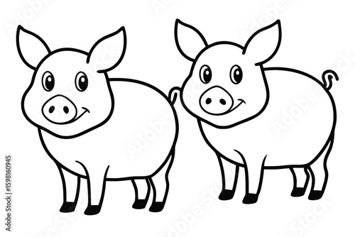 Cute cartoon two pigs line art vector illustration