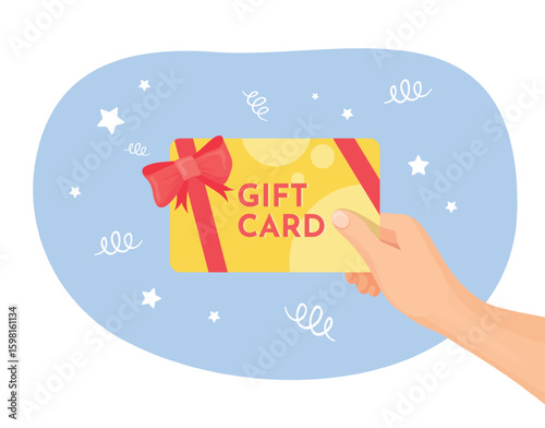 Hand hold gift card. Arm give voucher, discount coupon red ribbon bow club membership cards member perks client privilege customer easy purchase advertising vector illustration
