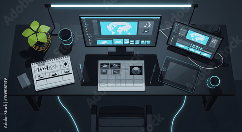 Creative Workspace Environment With Devices Displaying Digital Design Software