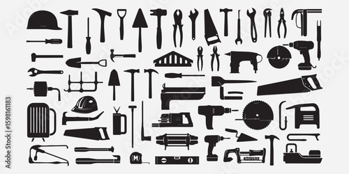 Construction and Hand Tools Silhouette Icon Set – Vector Black Toolbox Collection