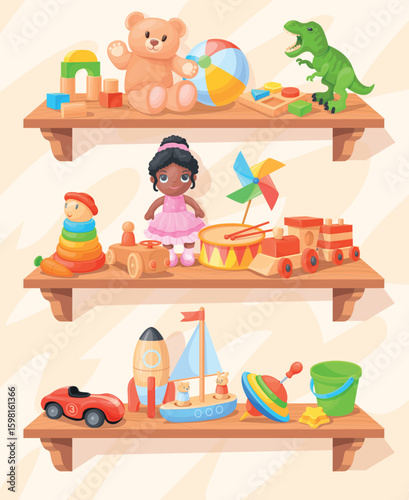 Cartoon toy shelf. Toyshop wooden shelves, baby kids toys shop child play room interior element children doll bear play ball train kid store showcase, neat vector illustration