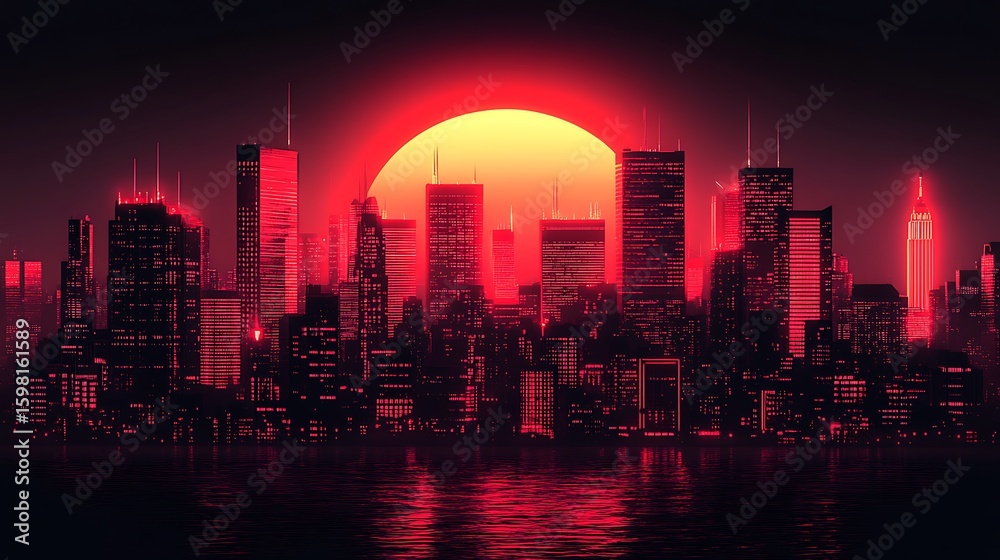 Fototapeta premium Cityscape at sunset, vibrant red neon glow.