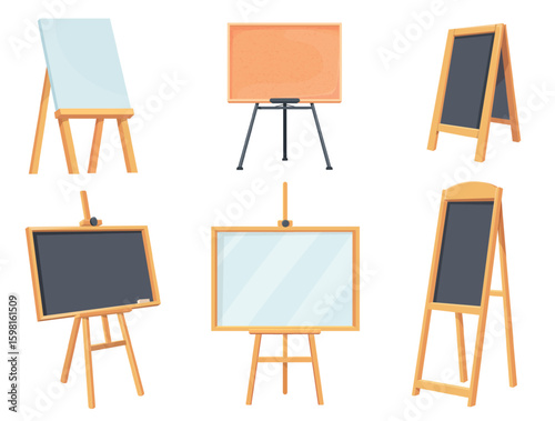 Easels and chalkboards. Easel, blackboard notice cork board school classroom chalkboard wooden tripod canvas blank frame timetable office presentation, neat vector illustration