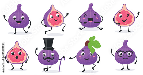 Fig characters. Cartoon figs cute mascot, funny tropical exotic purple fruit kawaii anime groovy character happy emotions different posture summer fruits, neat vector illustration