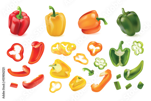 Realistic bell pepper. 3d peppers red green yellow paprika isolated ripe sweet vegetable slice veggie food peper farm vegetables capsicum set, isolated exact vector illustration