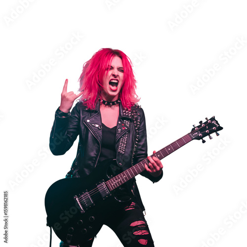 Isolated Photo of Female Rocker with Pink Hair and Electric Guitar