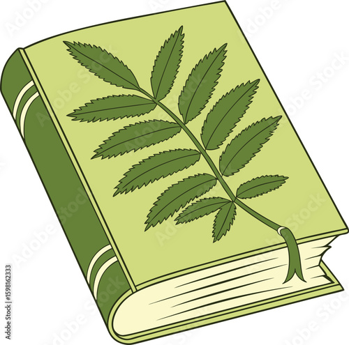 Green book with leaf illustration and bookmark
