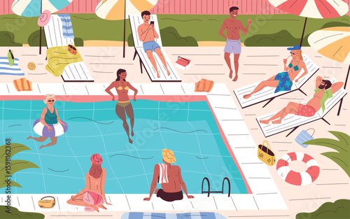 People relaxing pool. Man woman sunbathing on sunbed under sun umbrella at hotel poolside, relax beach party swimming in water summer vacation resort, classy vector illustration