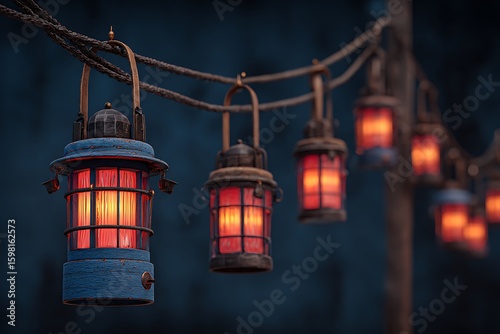 String of vintage blue and brass lanterns glowing red