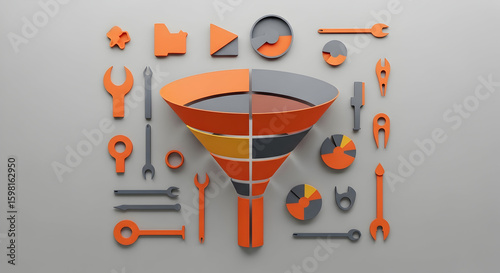 Data Conversion Funnel With Tools Illustrating Analytics and Marketing Strategies
