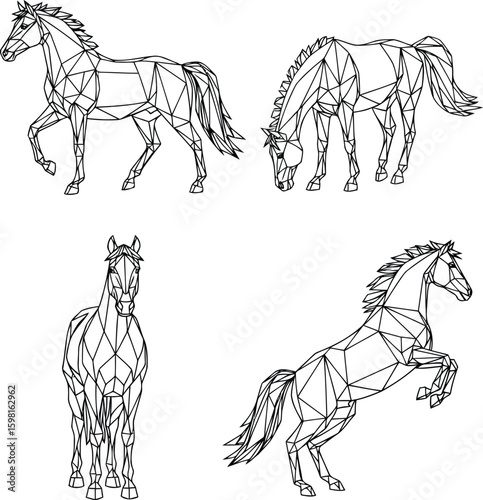 Geometric Horse Set: Modern Polygonal Art for Equestrian Enthusiasts, Abstract Horse Illustrations: Perfect for Logo Designs and Creative Projects