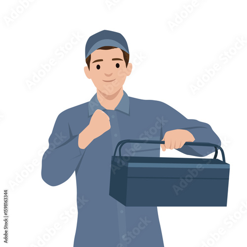 Cheerful mechanic wearing a uniform and cap, confidently holding a toolbox. Flat vector illustration isolated on white background
