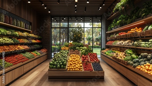A well-organized, modern grocery store aisle filled with fresh fruits and vegetables displayed on wooden shelves and tables, with a large window showing greenery outside.