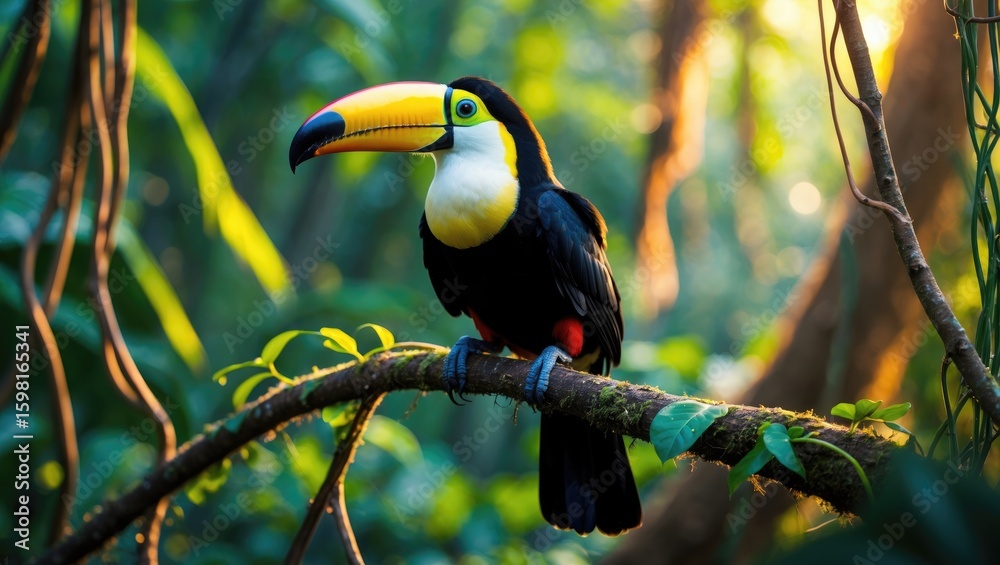 Obraz premium Colorful toucan perched on a branch in lush tropical rainforest environment