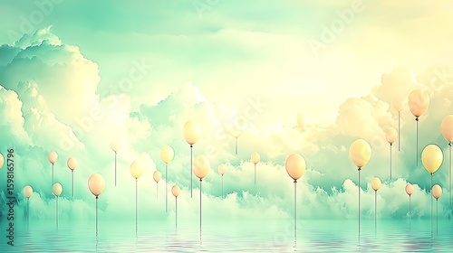 Light pink and yellow balloons in soft atmospheric view, taken with mirrorless camera, 35mm lens, pastel balloons floating mid-frame under cloudy sky with diffused lighting and dreamy soft tones