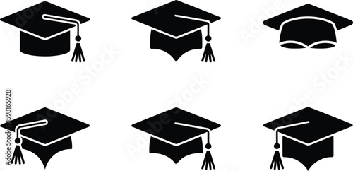 Collection of black graduation caps with tassels