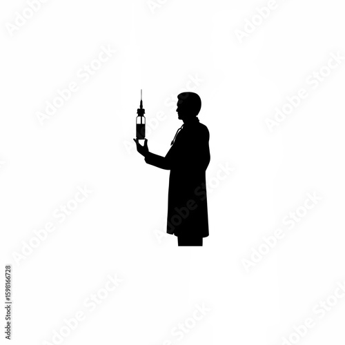 Doctor holding vaccine bottle silhouette on white background