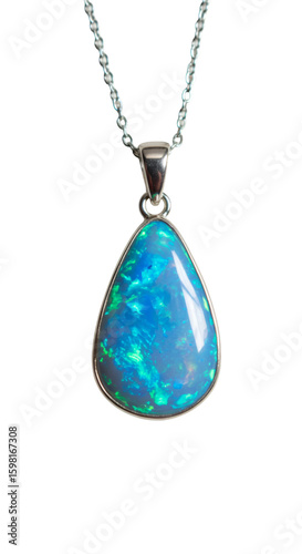 Isolated Photo: Blue Green Opal Pendant Necklace on Silver Chain