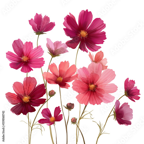 Pink and wine-red cosmos flowers with long thin stems, watercolor style, white and transparent background.