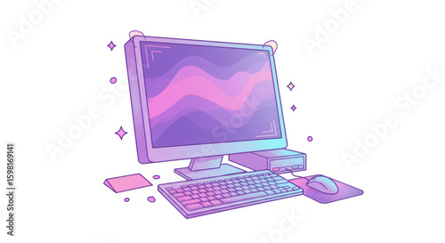 Pixel Art Pastel Computer with Keyboard and Mouse