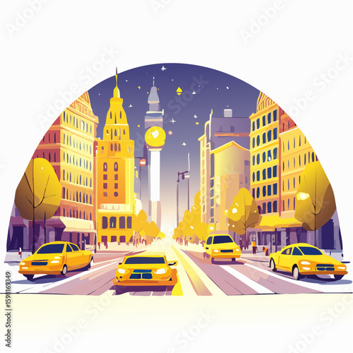 Bustling City Street with Taxis, Lights, and Tall Buildings, Cosmopolitan View
