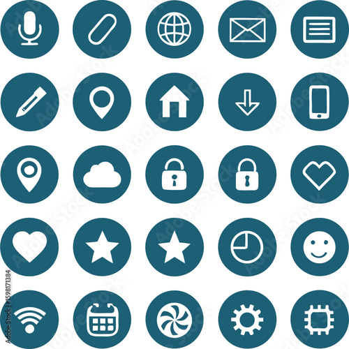 Collection of twenty five circular icons depicting various common digital and communication symbols