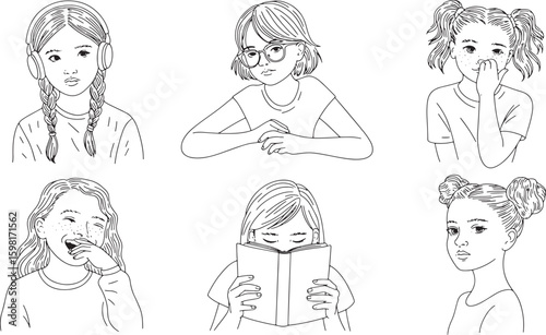 Diverse Girls Portraits Line Art Style Collection of Children's Faces with Various Expressions
