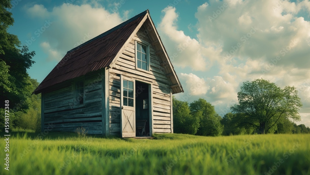 A rustic wooden house in a green field under a cloudy sky. A rustic wooden house in a green field under a cloudy sky.
