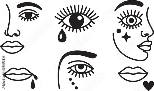 Abstract Face Elements Black Line Art Illustrations on Transparent Background Vector
