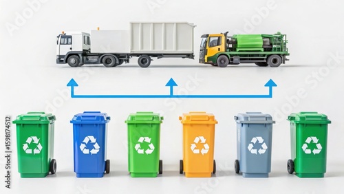 Recycling trucks collecting waste from colored bins, illustrating waste management and eco-friendly practices.