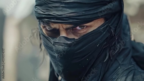 Japanese ninja warrior dressed in samurai clothes holding long sharp sword, abstract vivid composition consists of fictional unreal fantastic vision on background