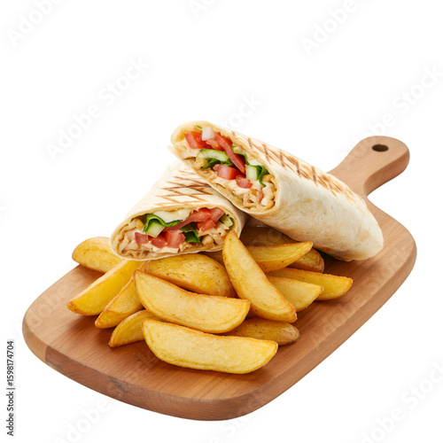 Isolated Photo Grilled Chicken Wrap With Potato Wedges